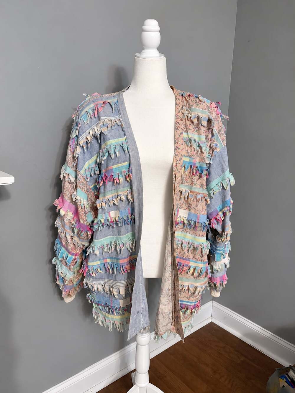 Paula Sweet Muslin Mink Vintage Patchwork Fringe Boho Jacket Size L